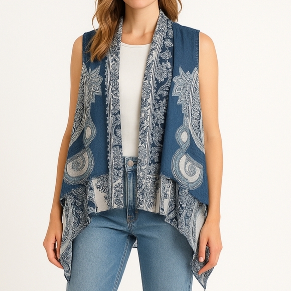 💙 Double Sided Soft Knitted Asymmetrical Artsy Boho Peasant Cottage Vest Size X - Picture 2 of 9